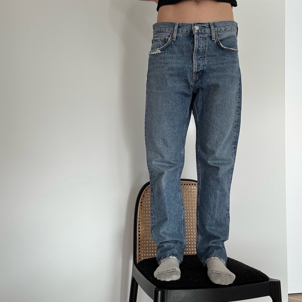 Agolde Blue Park along Jeans with Distressing and Straight-Leg Fit